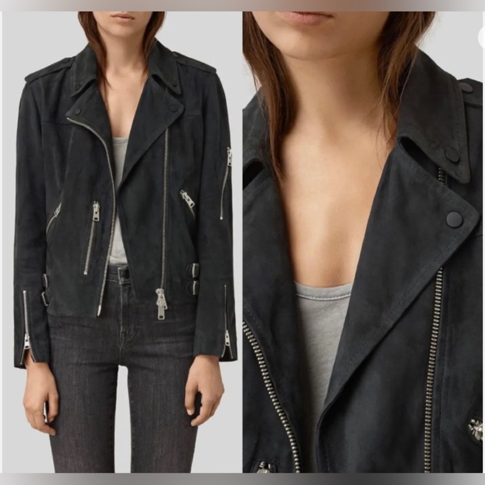 ALLSaints Leather Biker Jacket Goat Suede Jacket Moto Jacket Gray Black Size 00